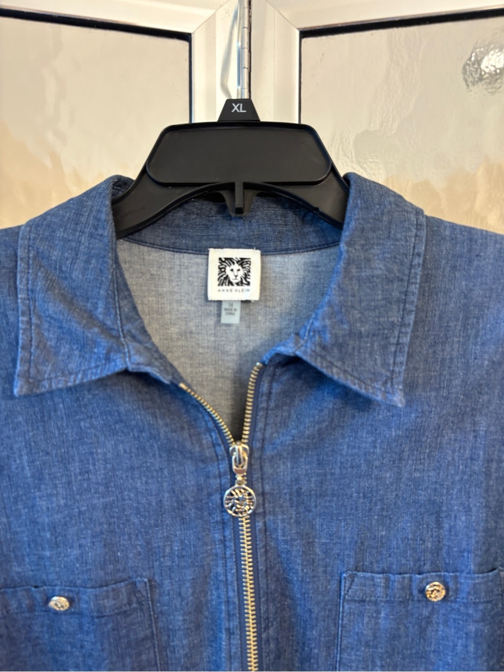 Anne Klein Navy Chambray Zip Jacket with Gold Hardware